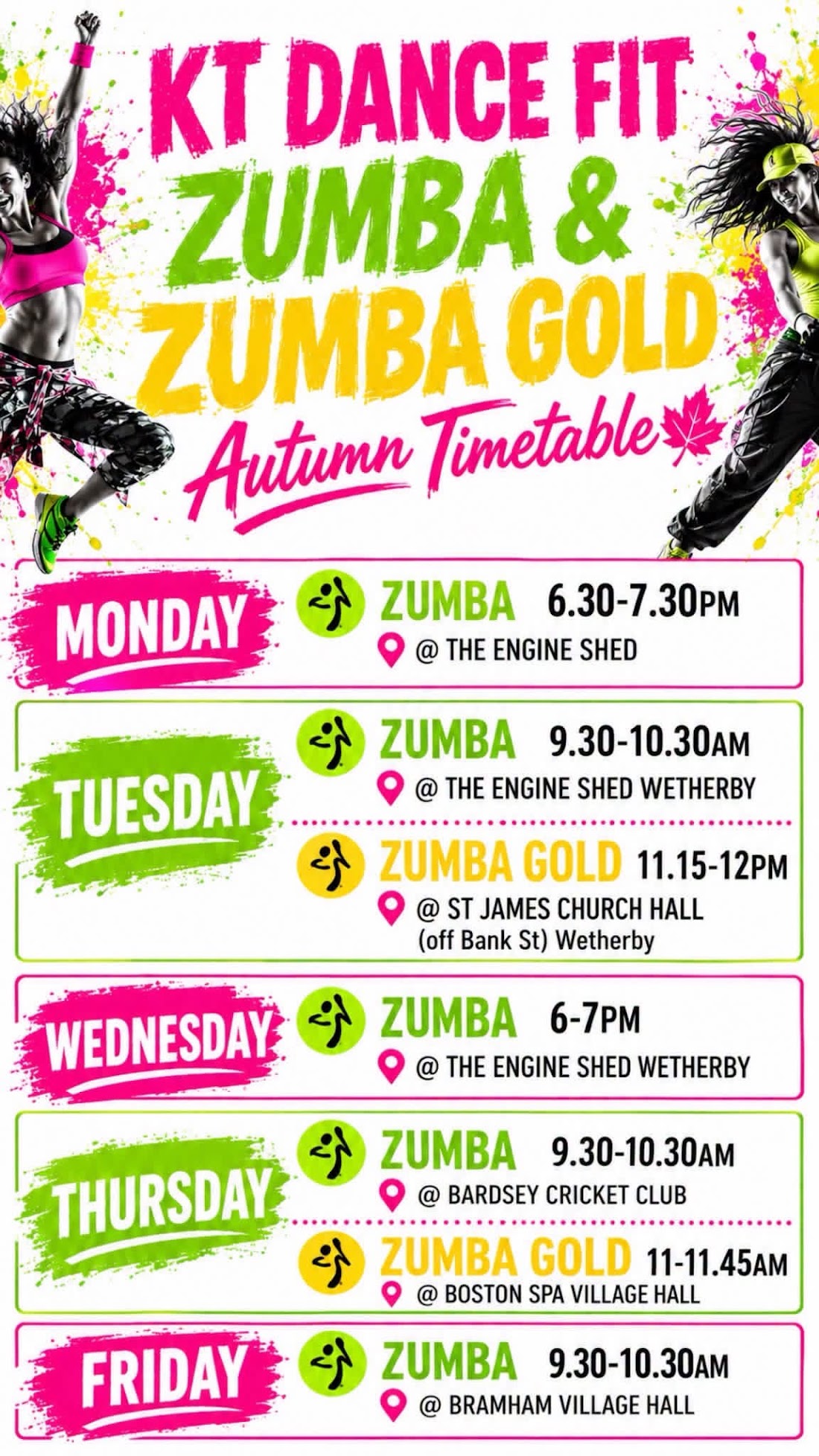 Zumba class poster listing the Monday, Tuesday and Wednesday sessions